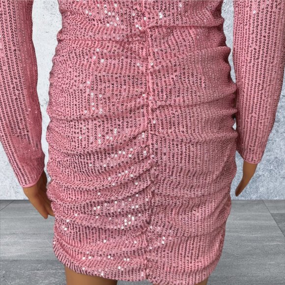 Sequin Ruched Mini Dress Small S Pink Lined Plunging Deep Neckline Long Sleeves - Picture 14 of 16